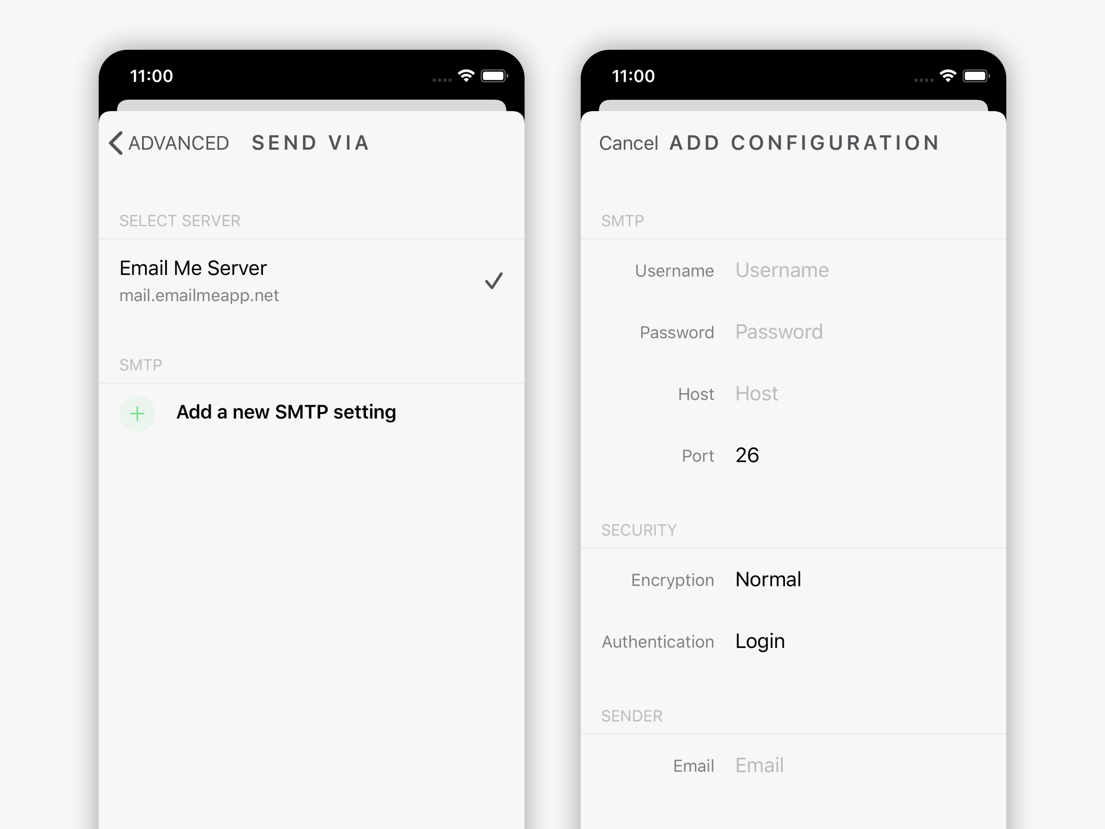 Detalle de configuración SMTP de Email Me App mostrando campos de configuración del servidor incluyendo host, puerto y opciones de autenticación